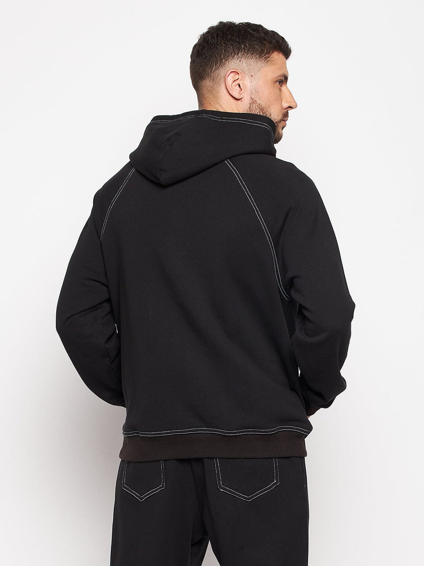 Black Oversized Contrast Stitch Hooded Sweatshirt Sweatshirts Fugazee