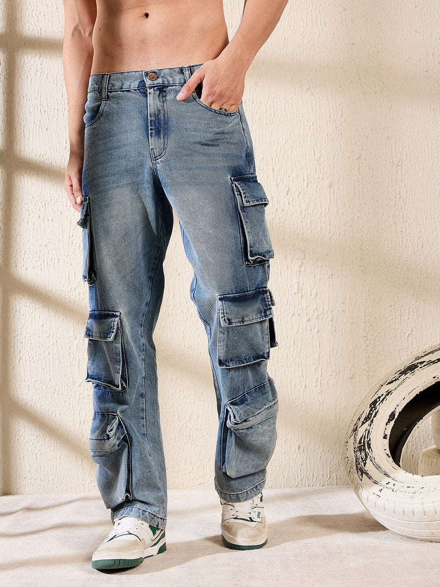 Dusty Blue Multi Pocket Cargo Denim Jeans Fugazee
