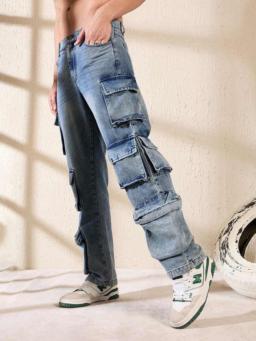 Dusty Blue Multi Pocket Cargo Denim Jeans Fugazee
