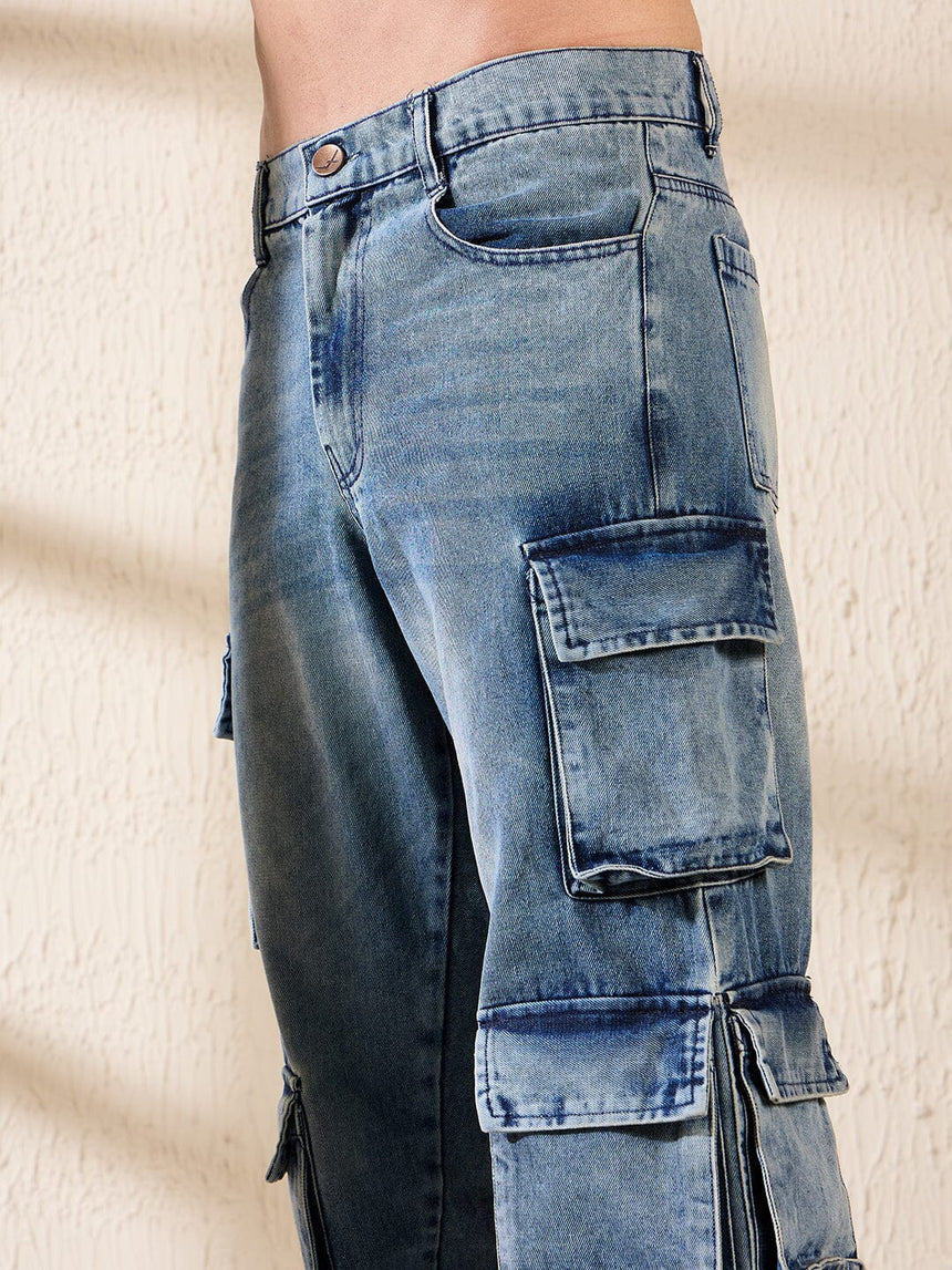 Dusty Blue Multi Pocket Cargo Denim Jeans Fugazee