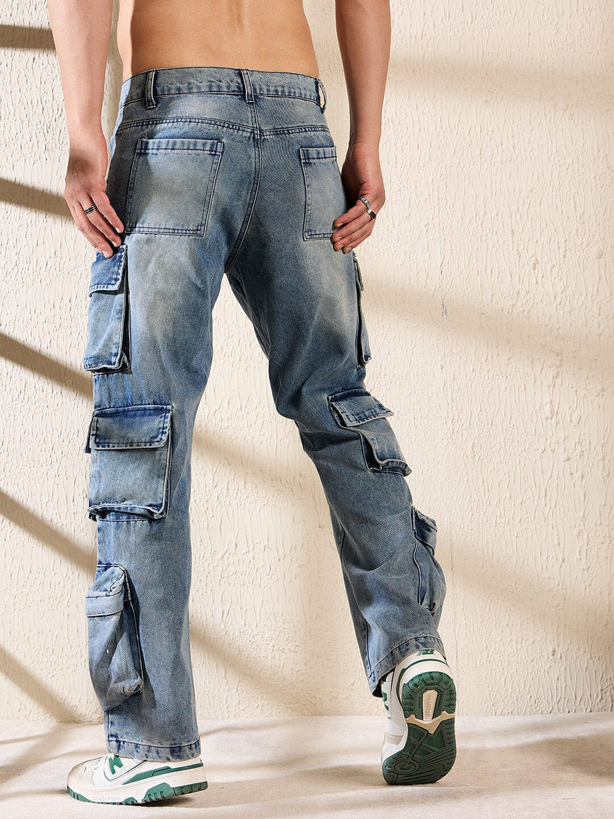 Dusty Blue Multi Pocket Cargo Denim Jeans Fugazee