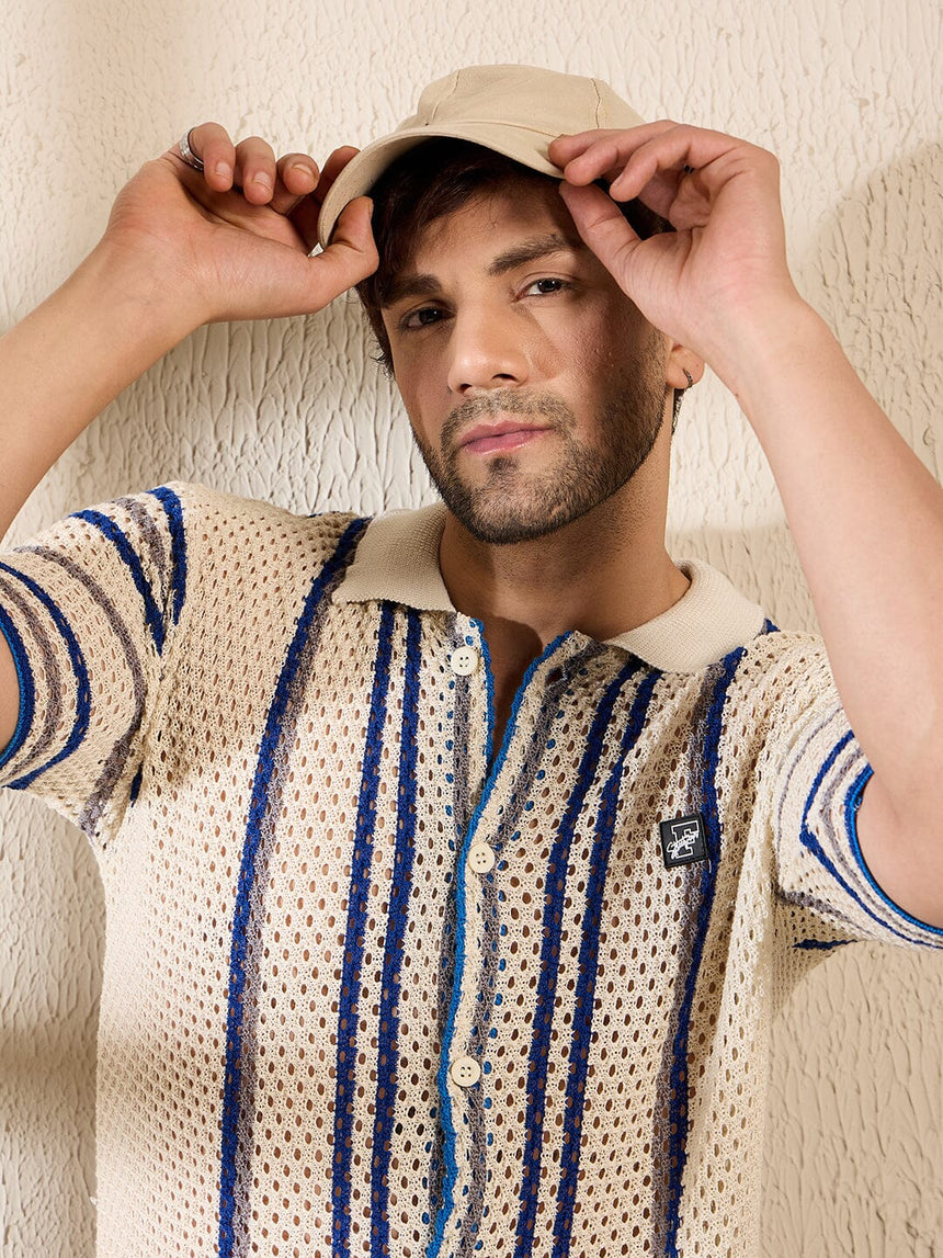 Off White Striped Crochet Knitted Shirt Shirts Fugazee