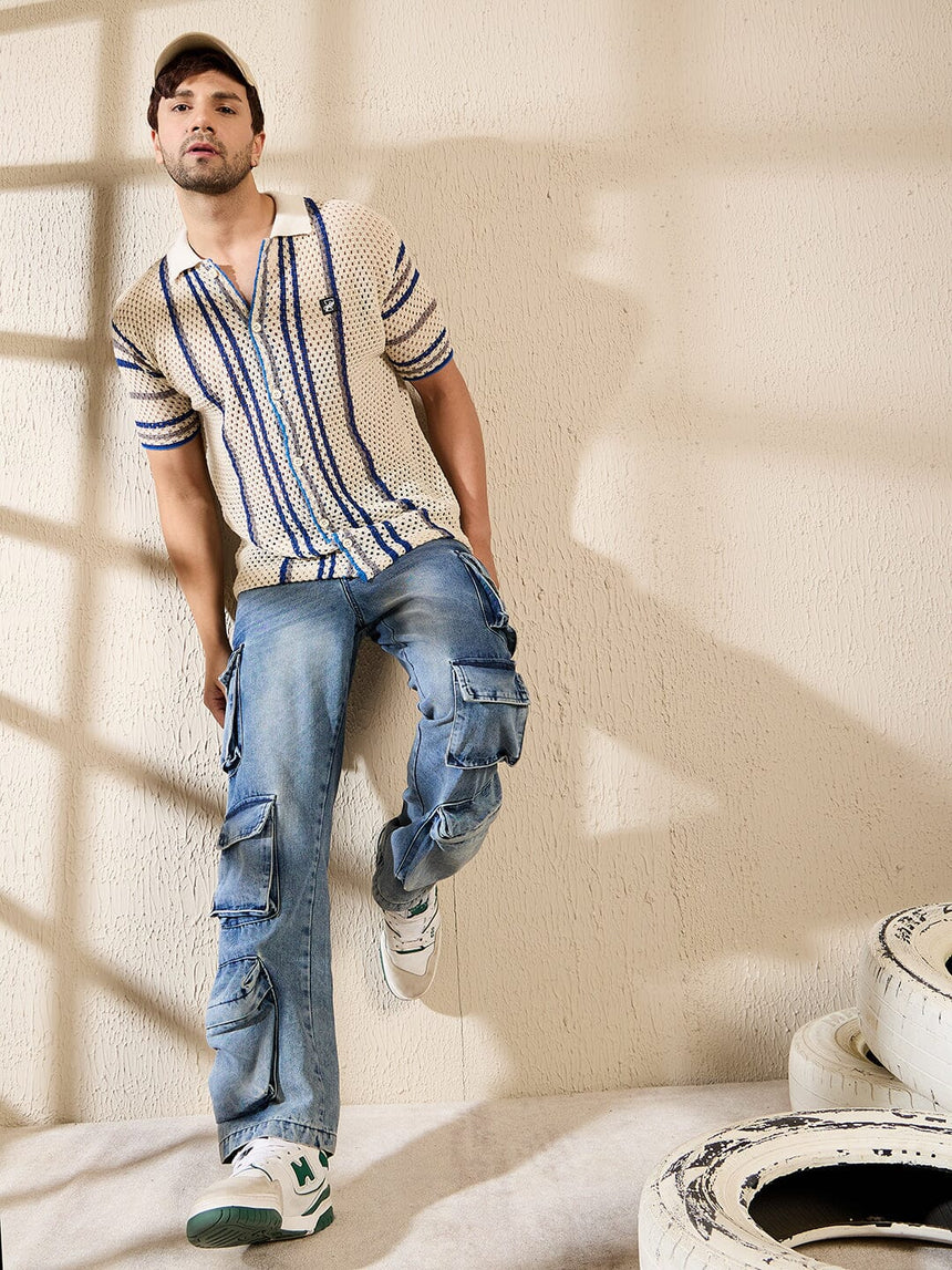 Off White Striped Crochet Knitted Shirt Shirts Fugazee