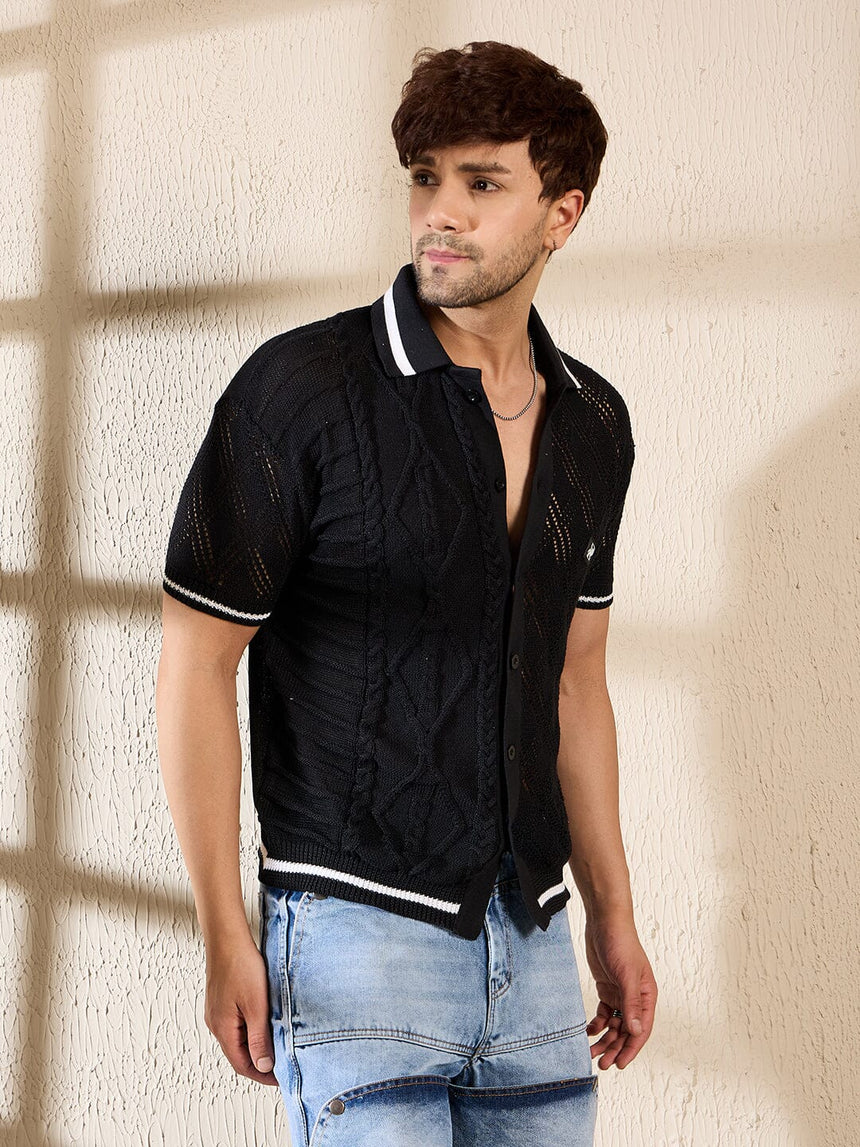 Black Cable Knit Crochet Shirt Shirts Fugazee
