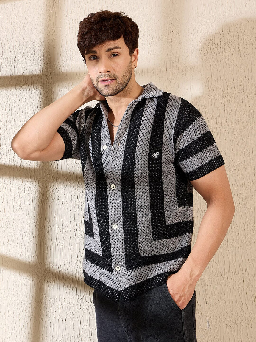Grey & Black Striped Crotchet Knitted Shirt Shirts Fugazee