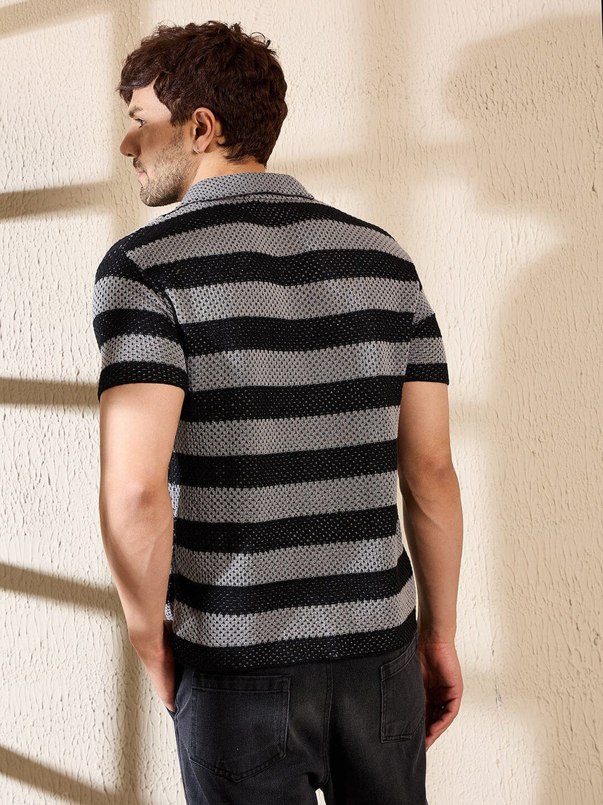 Grey & Black Striped Crotchet Knitted Shirt Shirts Fugazee