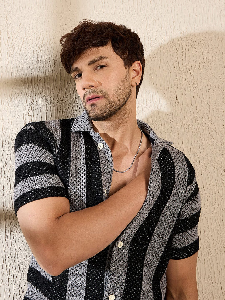 Grey & Black Striped Crotchet Knitted Shirt Shirts Fugazee