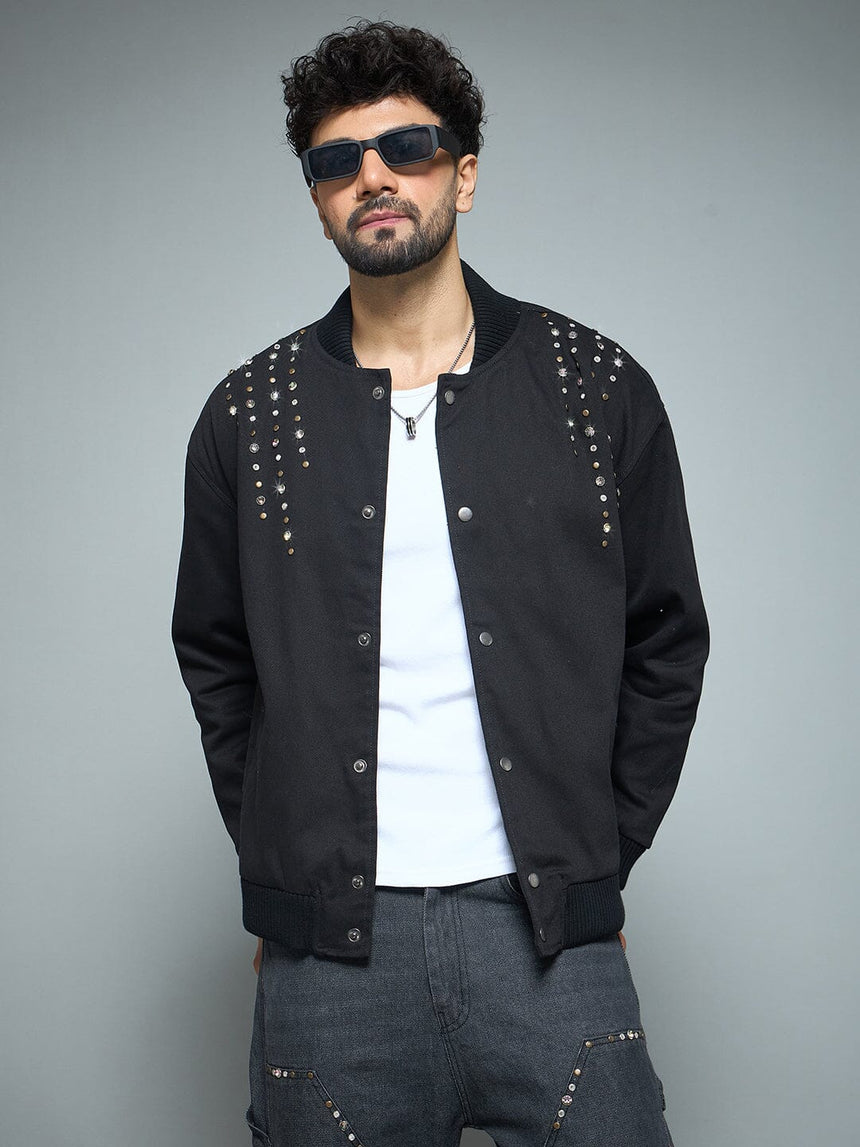 Black Twill Studded Bomber Jacket Jackets Fugazee