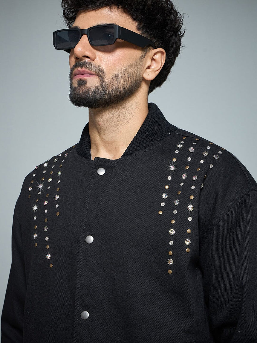 Black Twill Studded Bomber Jacket Jackets Fugazee