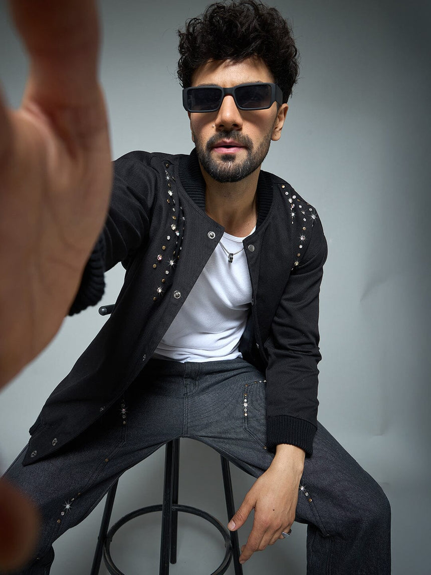 Black Twill Studded Bomber Jacket Jackets Fugazee