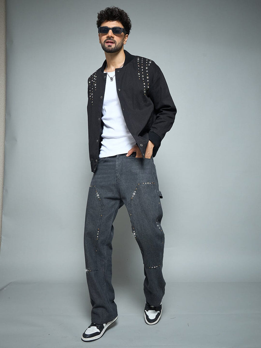 Black Twill Studded Bomber Jacket Jackets Fugazee