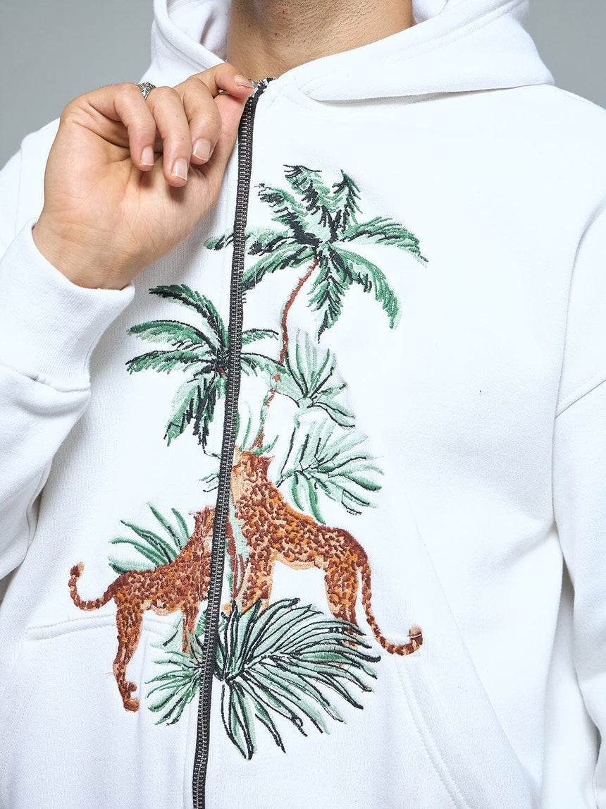 White Tropical Tiger Embroidery Hoodie Sweatshirts Fugazee
