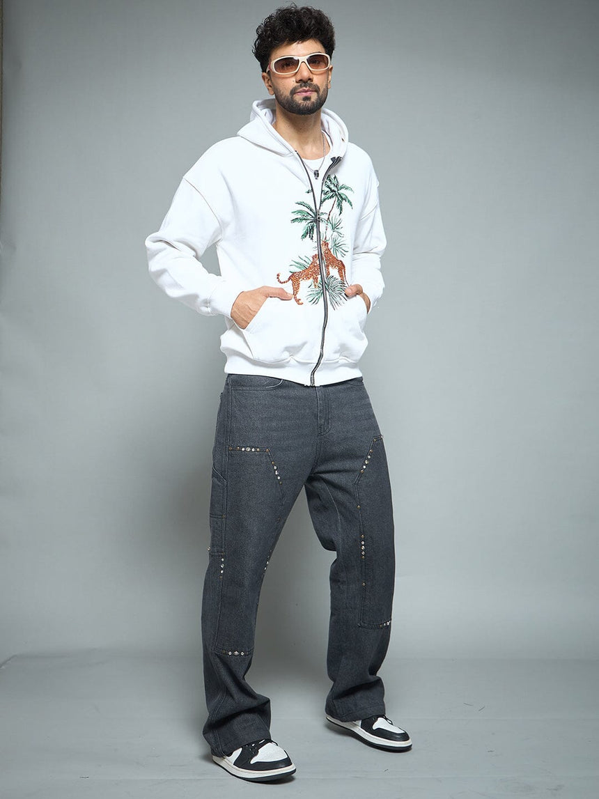 White Tropical Tiger Embroidery Hoodie Sweatshirts Fugazee