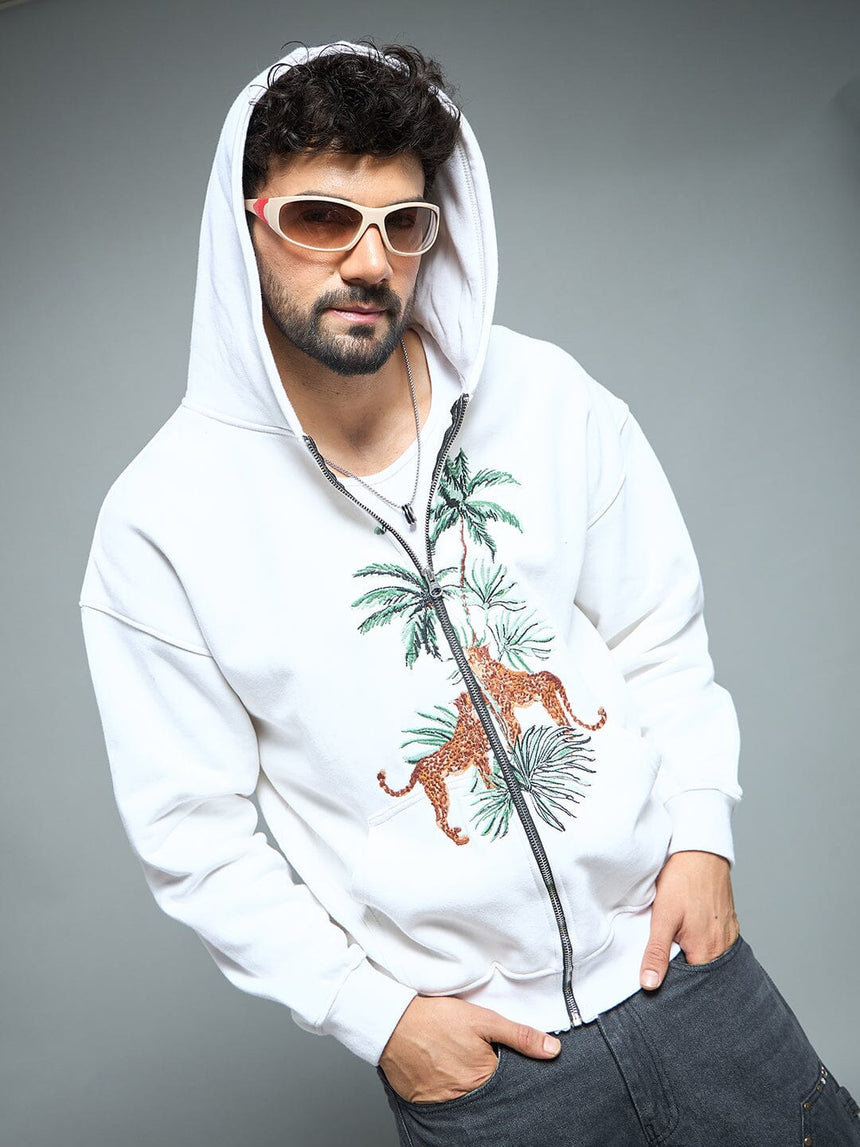 White Tropical Tiger Embroidery Hoodie Sweatshirts Fugazee