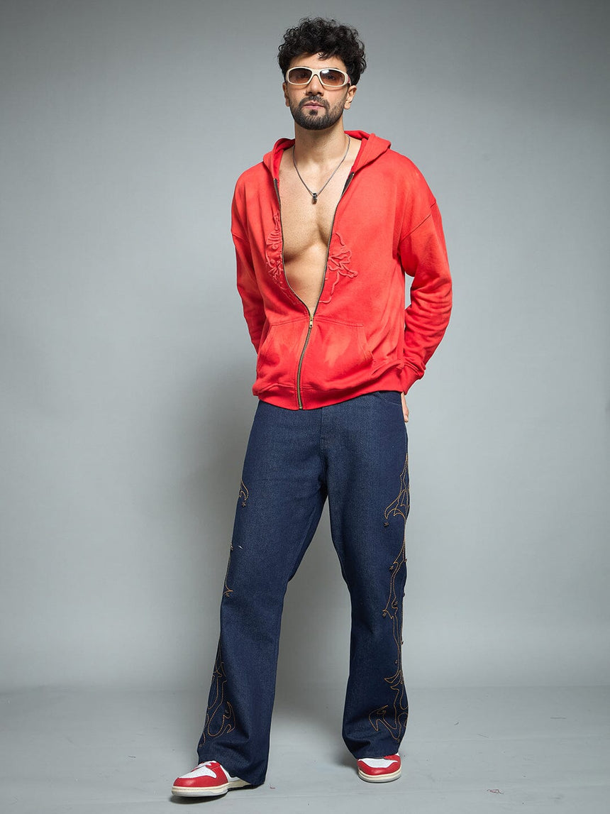 Red Washed Birthday Boy Zipped Hooded Sweatshirt Sweatshirts Fugazee