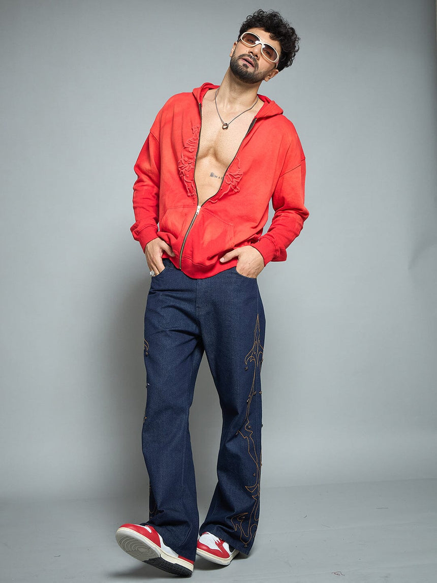 Red Washed Birthday Boy Zipped Hooded Sweatshirt Sweatshirts Fugazee