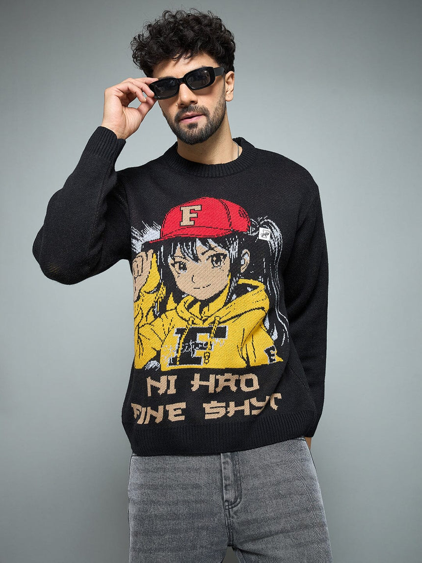 Black Anime Graphic Knitted Sweater Sweaters Fugazee