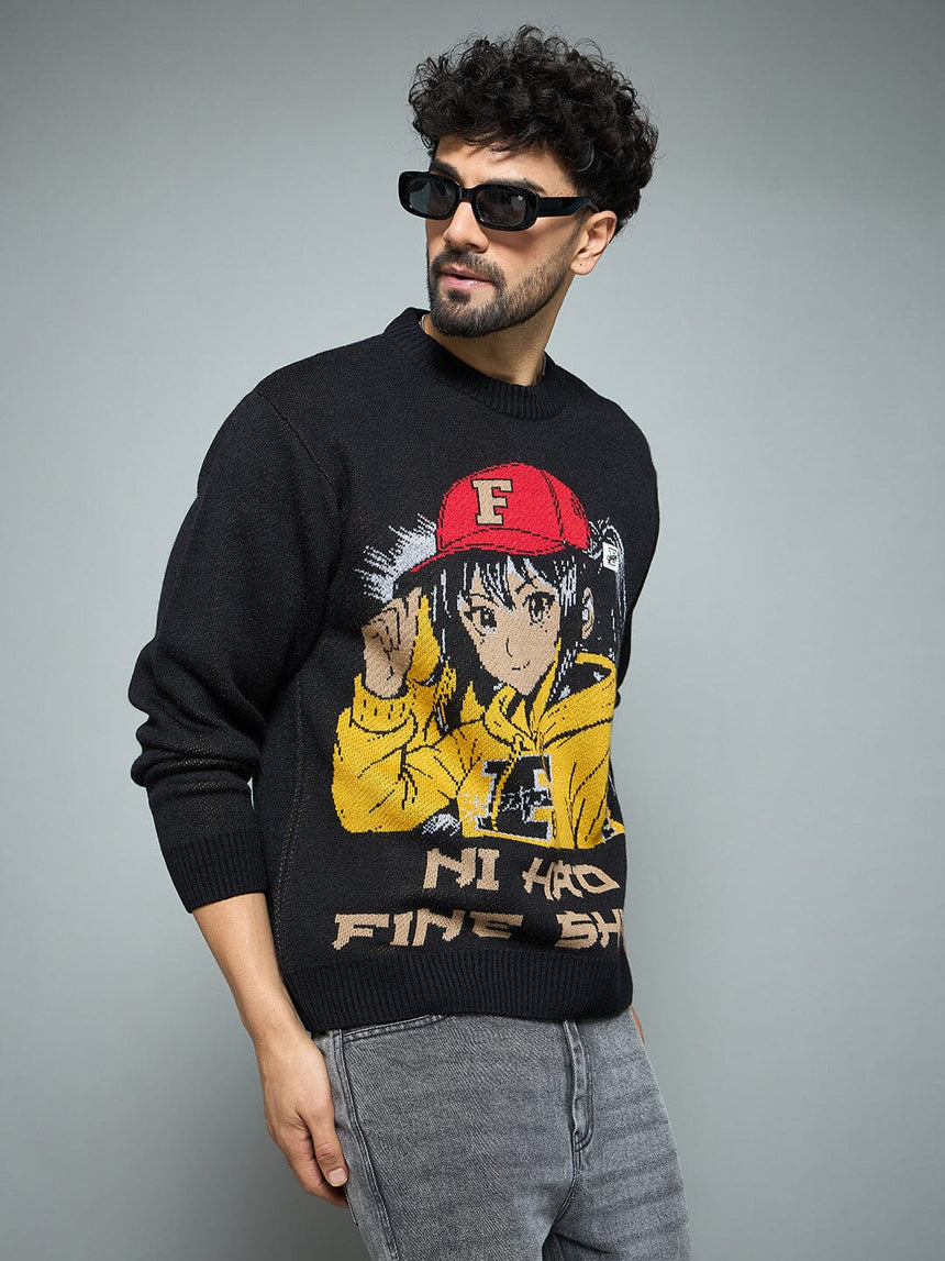Black Anime Graphic Knitted Sweater Sweaters Fugazee