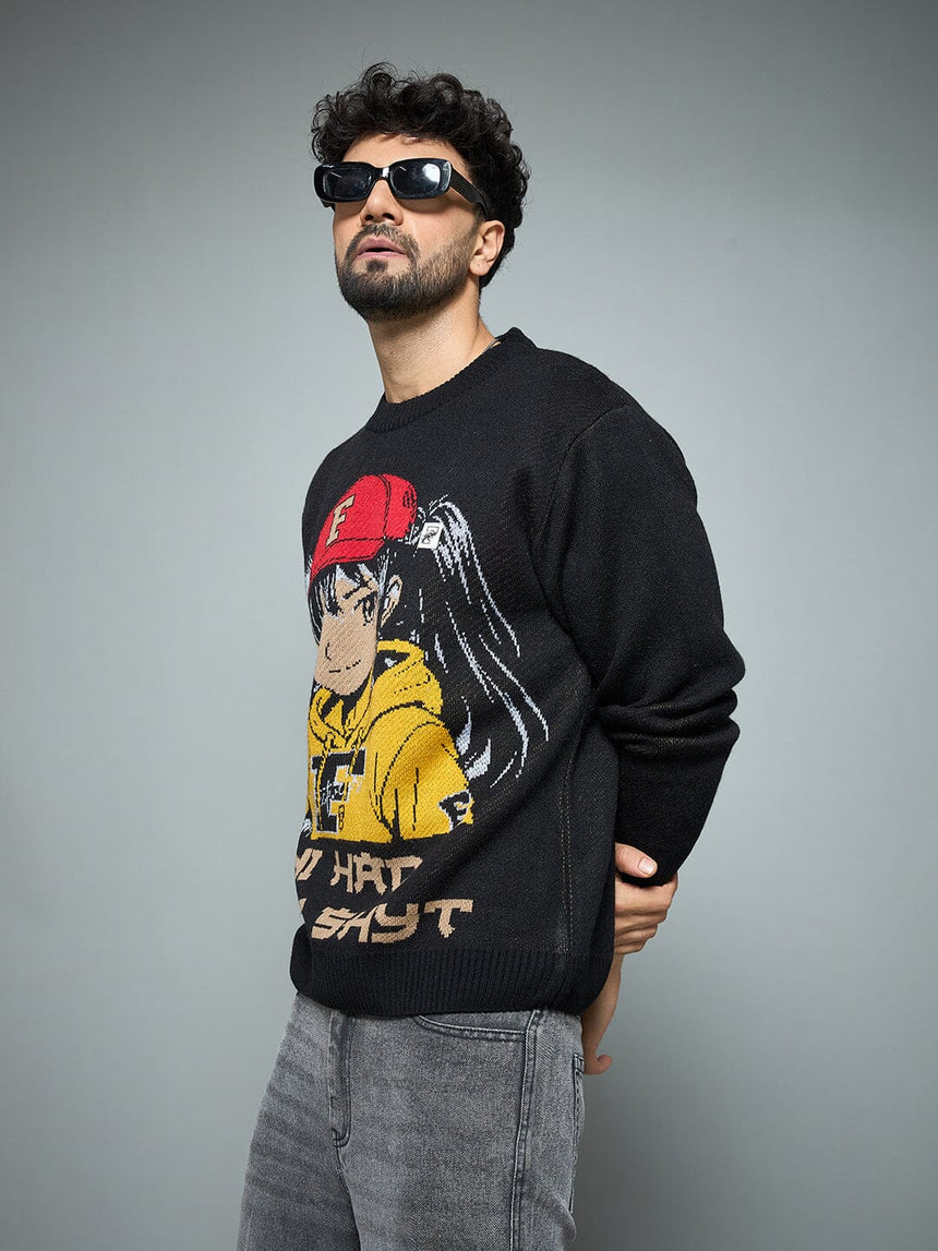 Black Anime Graphic Knitted Sweater Sweaters Fugazee