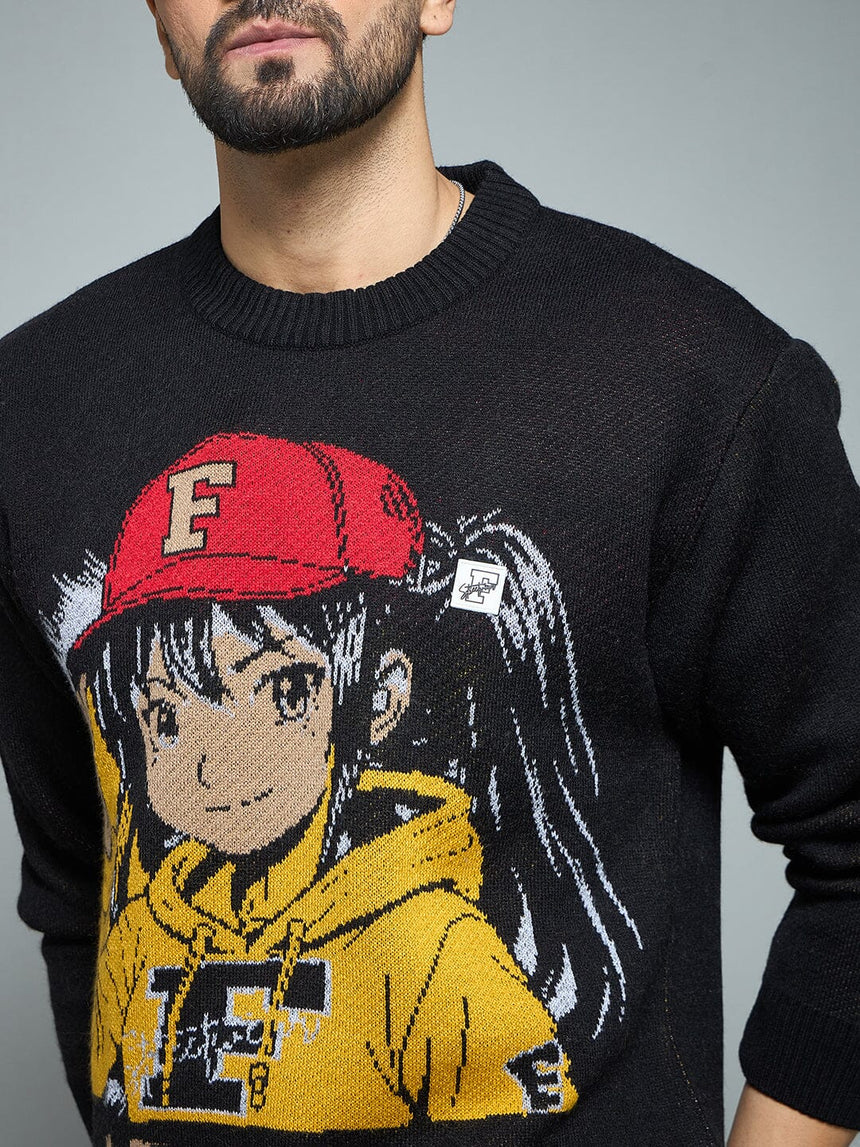Black Anime Graphic Knitted Sweater Sweaters Fugazee