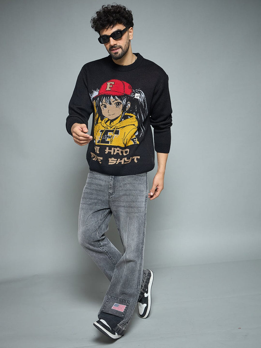 Black Anime Graphic Knitted Sweater Sweaters Fugazee