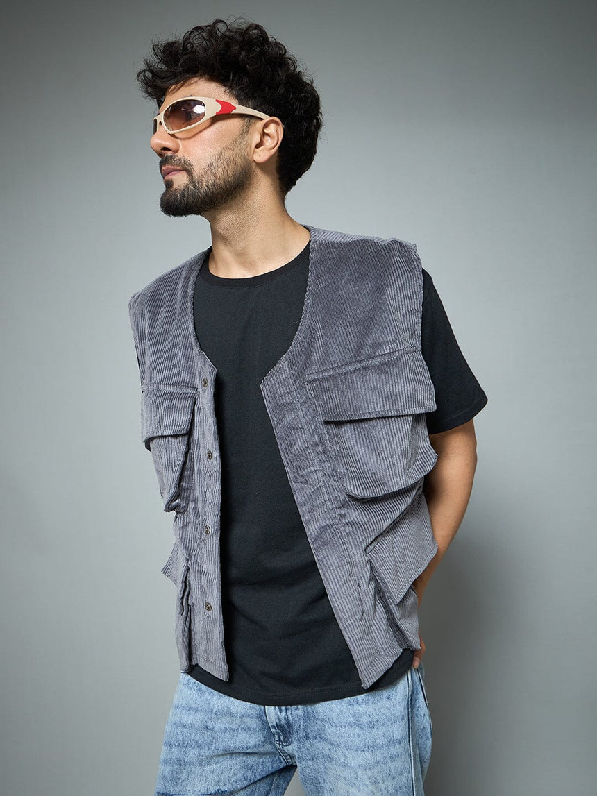 Grey Corduroy Sleeveless Gilet Jackets Fugazee