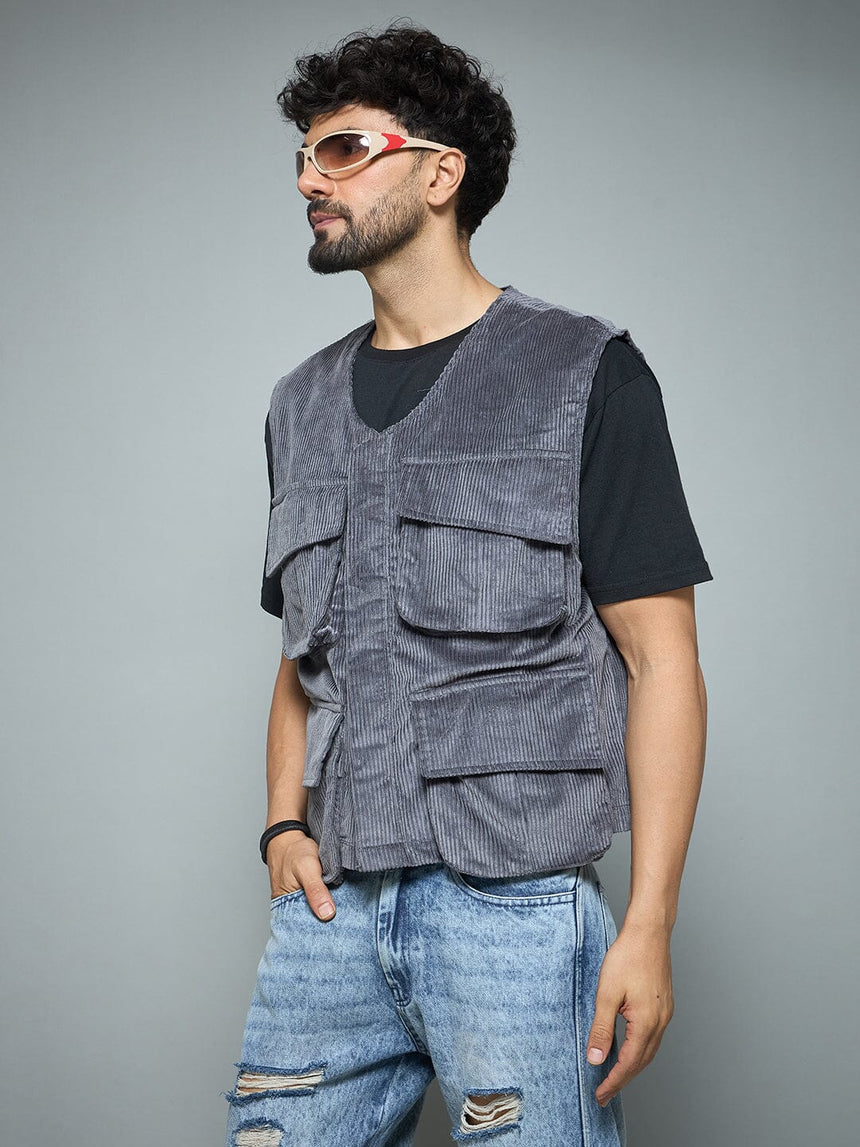 Grey Corduroy Sleeveless Gilet Jackets Fugazee
