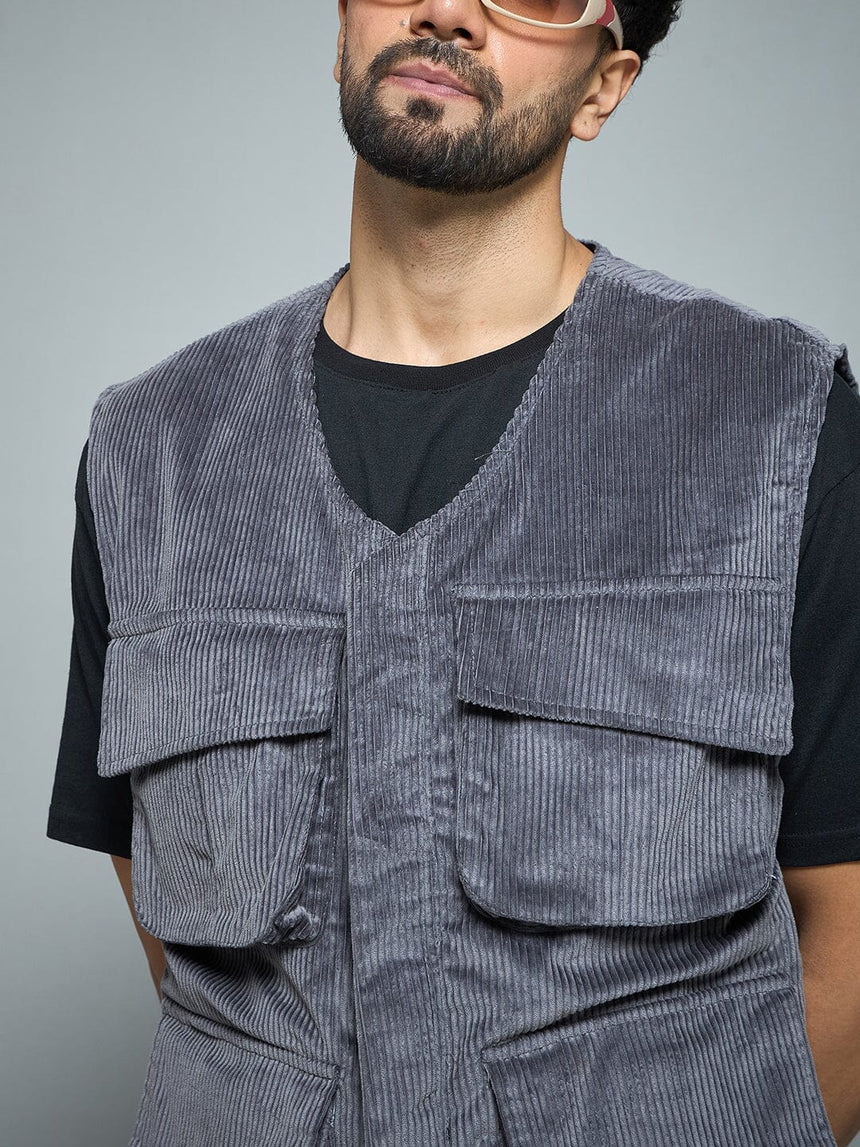 Grey Corduroy Sleeveless Gilet Jackets Fugazee