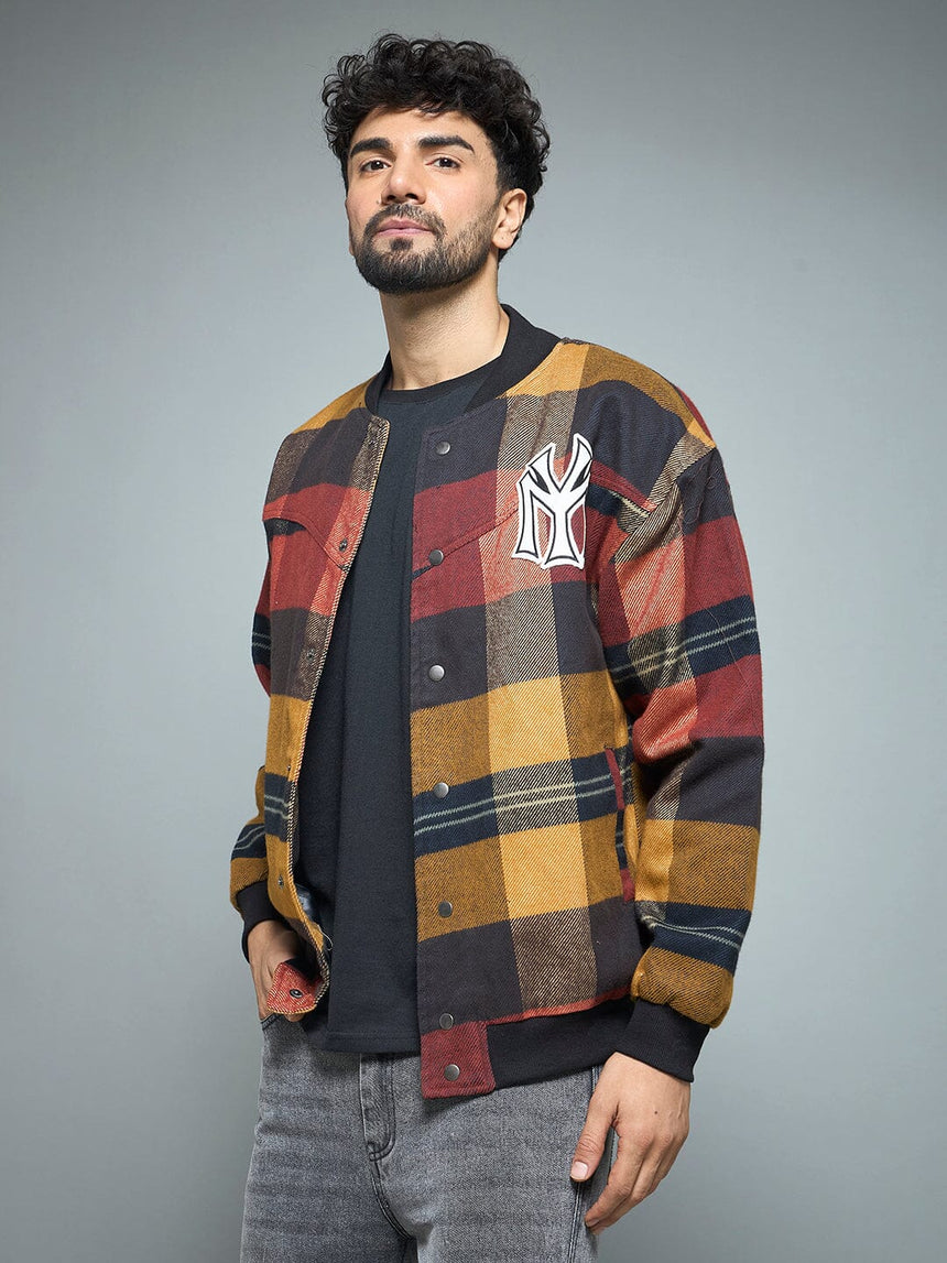 Red Checkered NY Monogram Flannel Bomber Jacket Jackets Fugazee