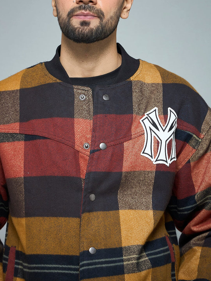 Red Checkered NY Monogram Flannel Bomber Jacket Jackets Fugazee