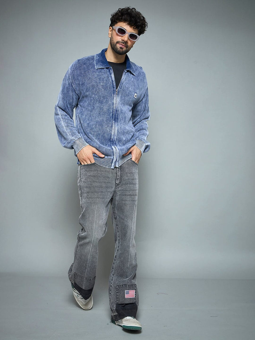 Denim Washed Overdyed Zipped Sweater Sweaters Fugazee