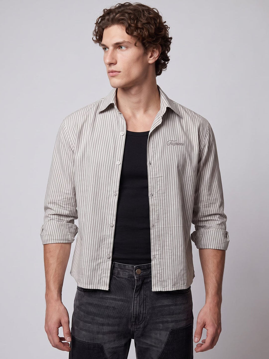 Brown Striped Seersucker Cropped Shirt