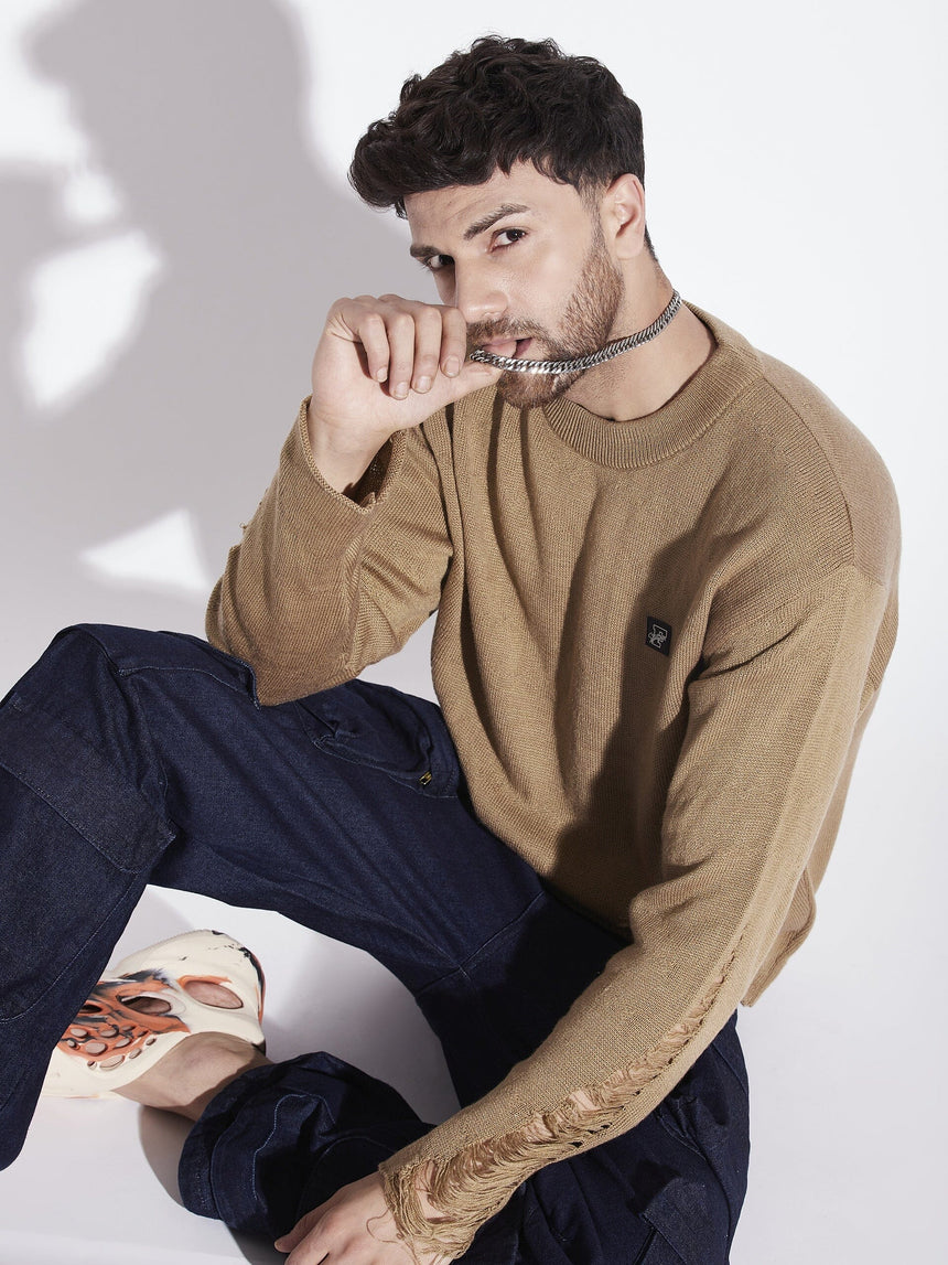 Beige Damaged Raw Edge Sweater Sweaters Fugazee