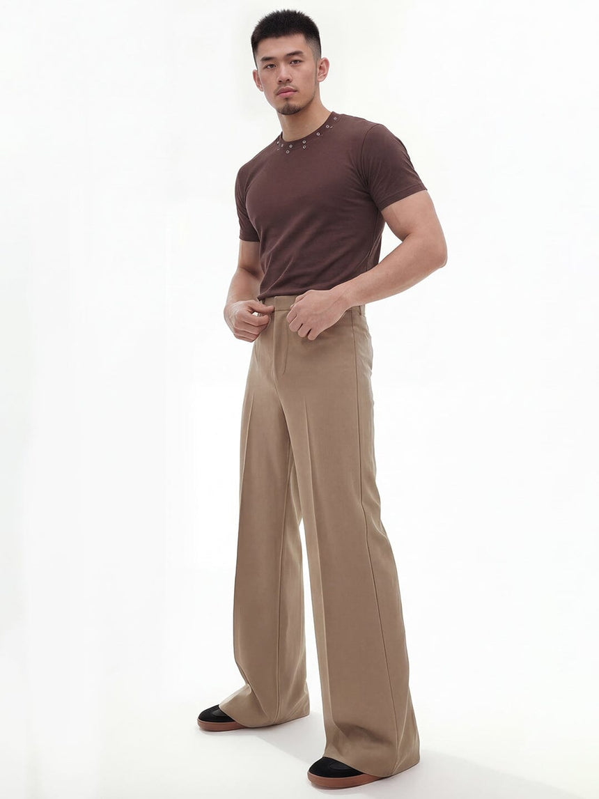 Beige High waisted Bell Bottom Trousers Trousers Fugazee