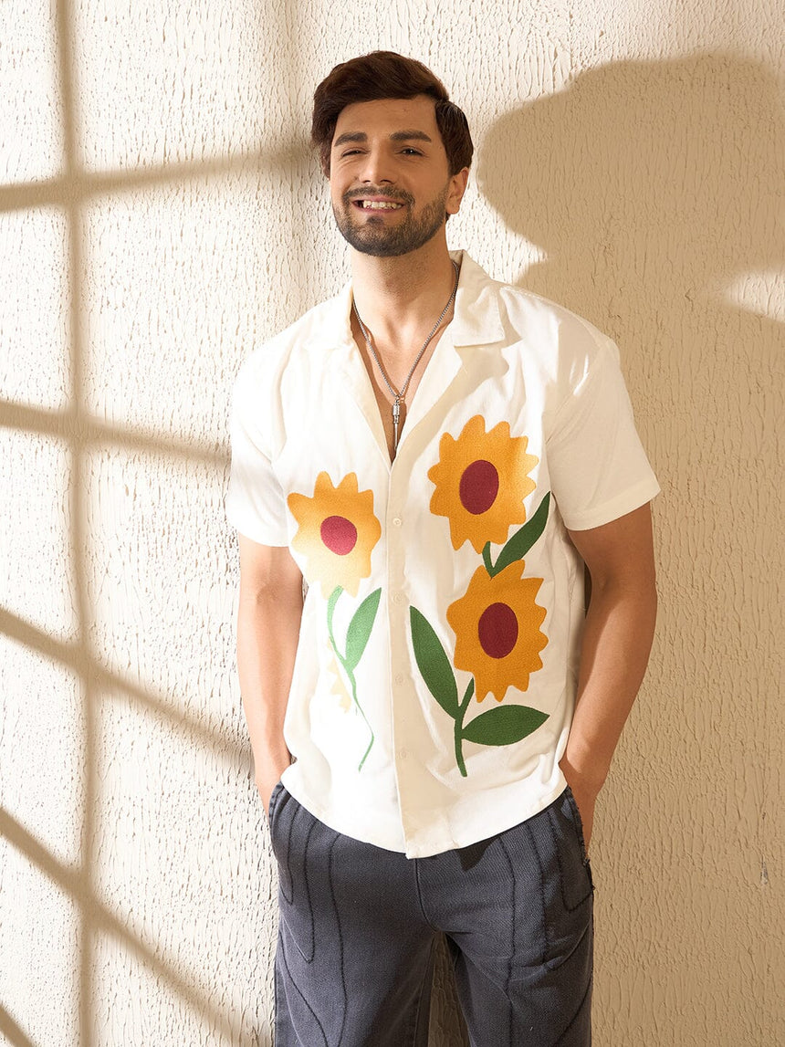 White Corduroy Sunflower Cuban Shirt Shirts Fugazee