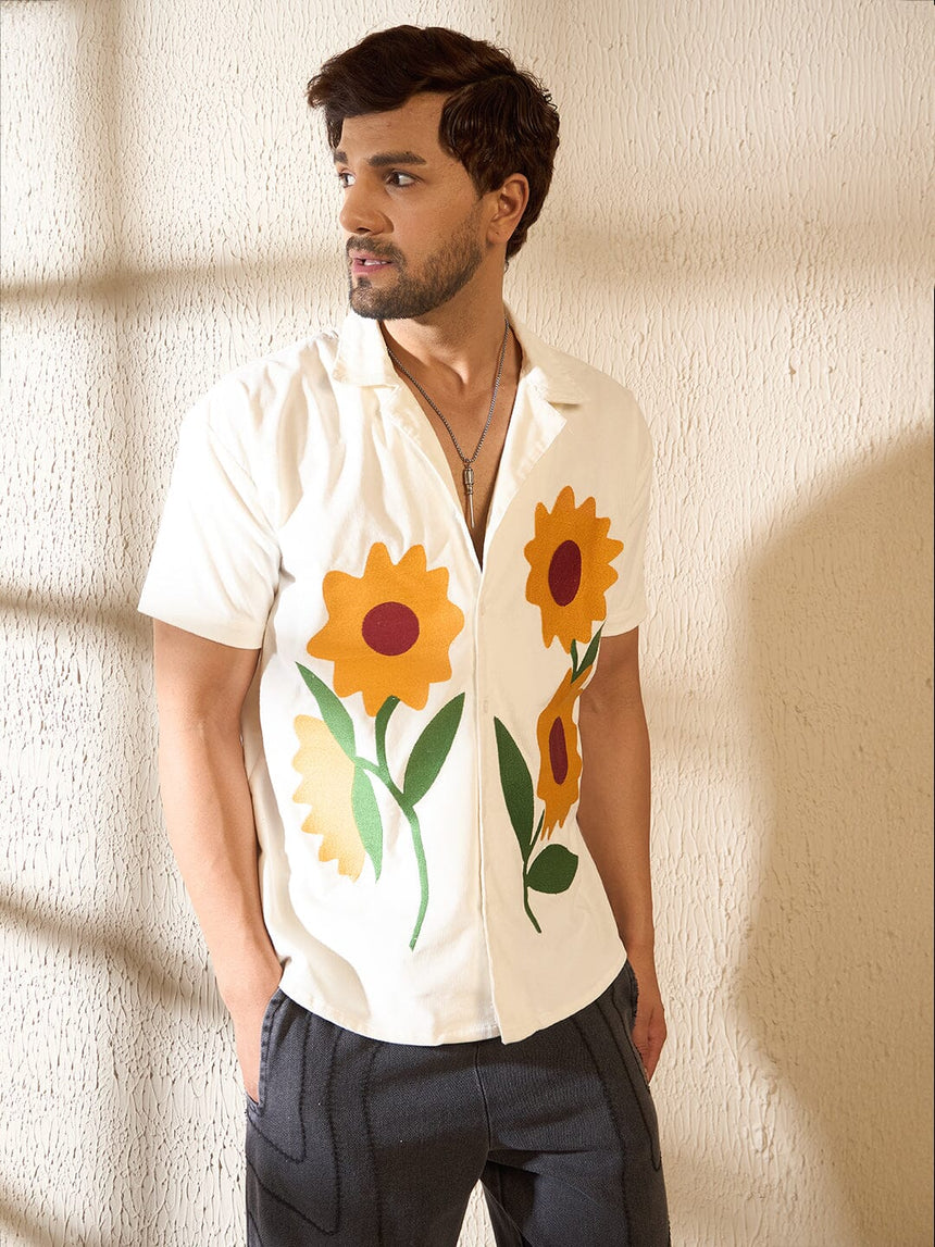 White Corduroy Sunflower Cuban Shirt Shirts Fugazee
