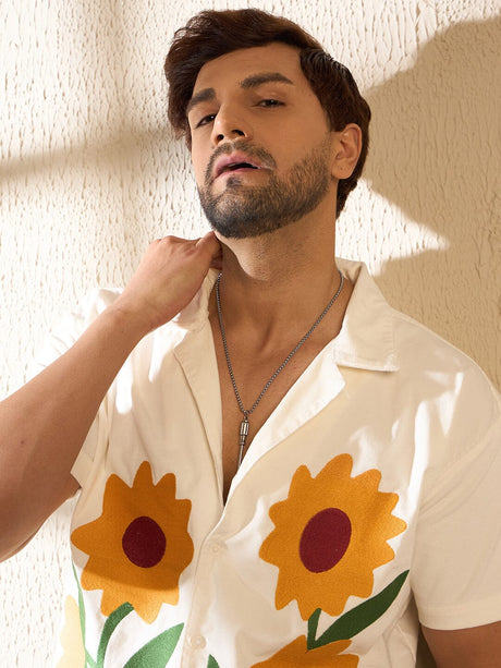 White Corduroy Sunflower Cuban Shirt Shirts Fugazee 