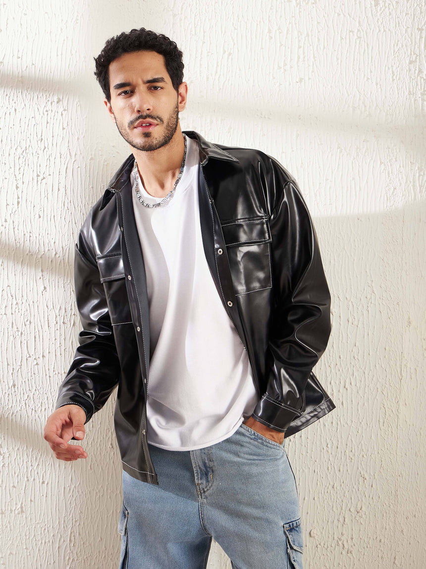 Black Contrast Stitch Pu OverShirt Shirts Fugazee