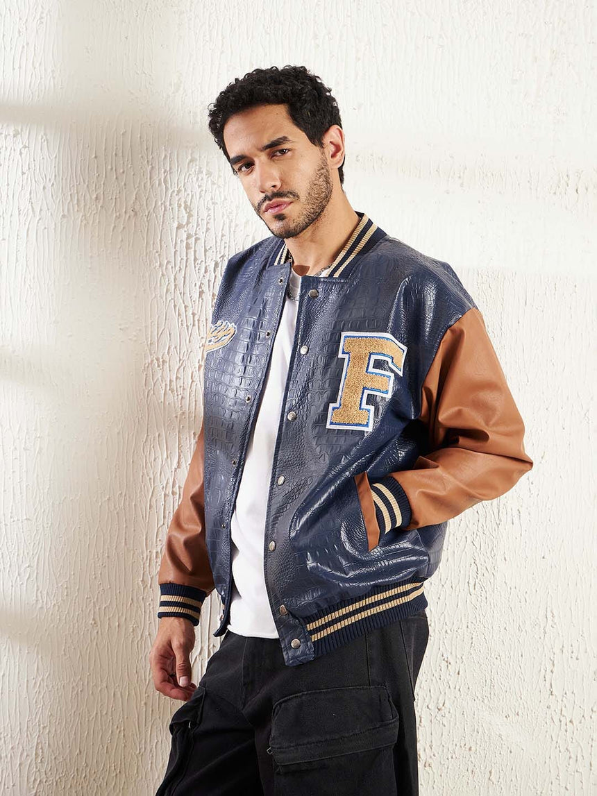 Navy Pu Croc Varsity Jacket Jackets Fugazee