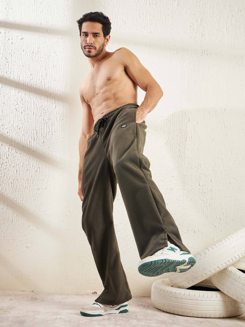 Khaki Polar Fleece Boot Cut Joggers Trackpants Fugazee