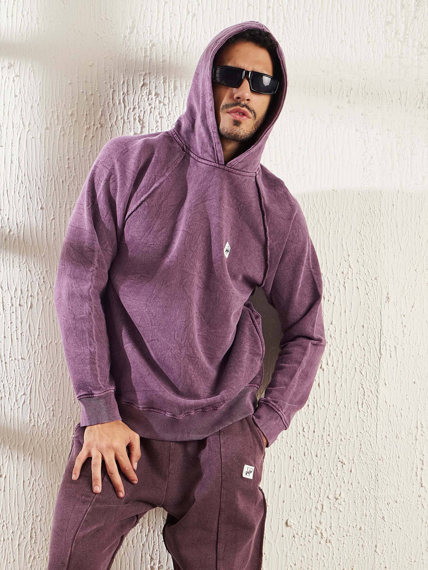 Mauve Dyed Raw Edge Raglan Hoodie Sweatshirts Fugazee