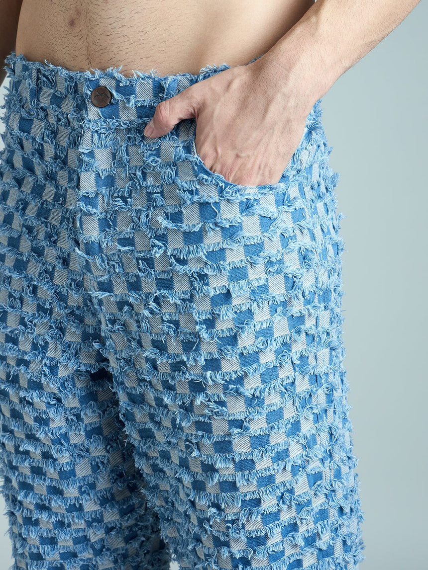 Blue Frayed Jacquard Cropped Denim Jacket & Jeans Clothing Set Clothing Set Fugazee