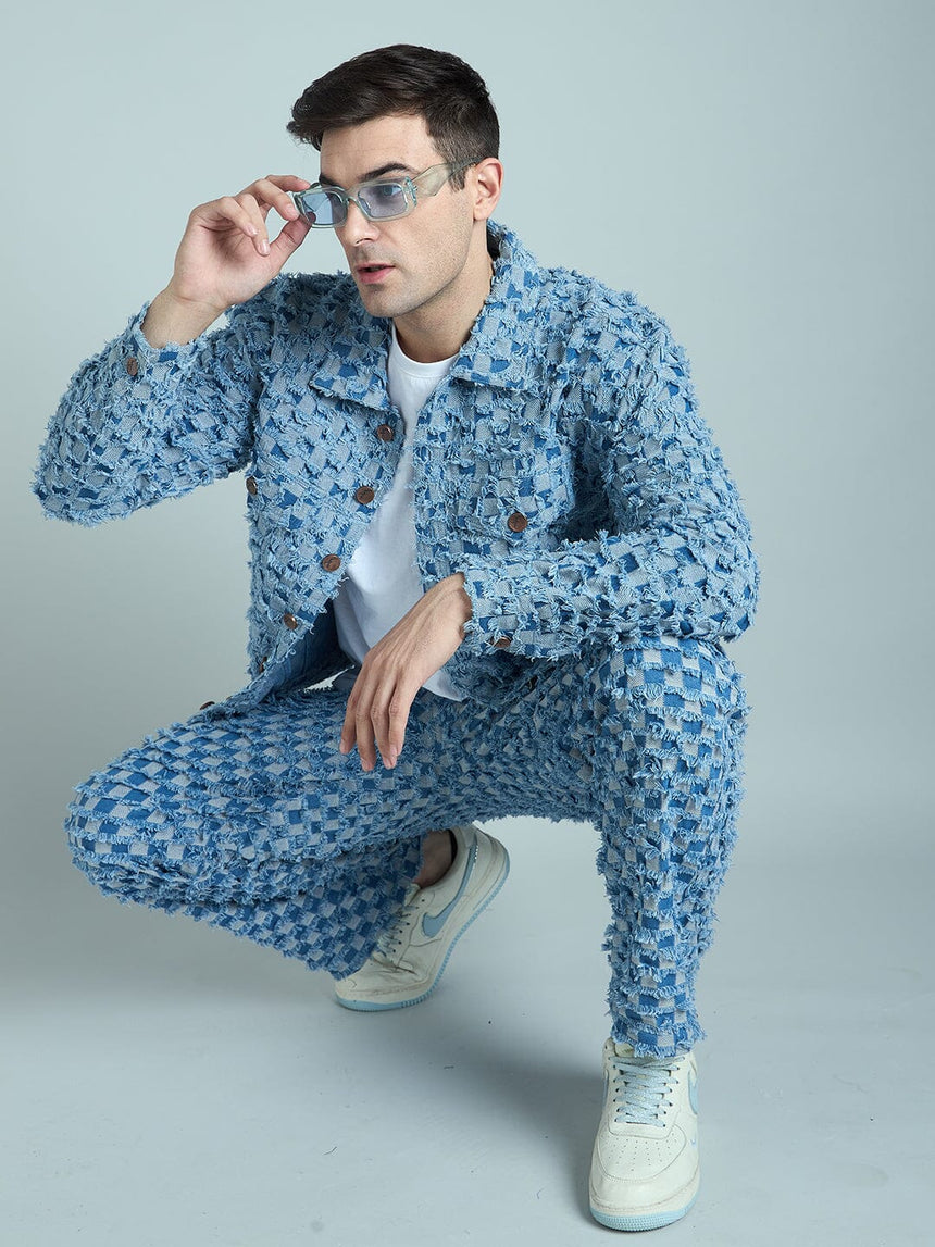 Blue Frayed Jacquard Cropped Denim Jacket & Jeans Clothing Set Clothing Set Fugazee