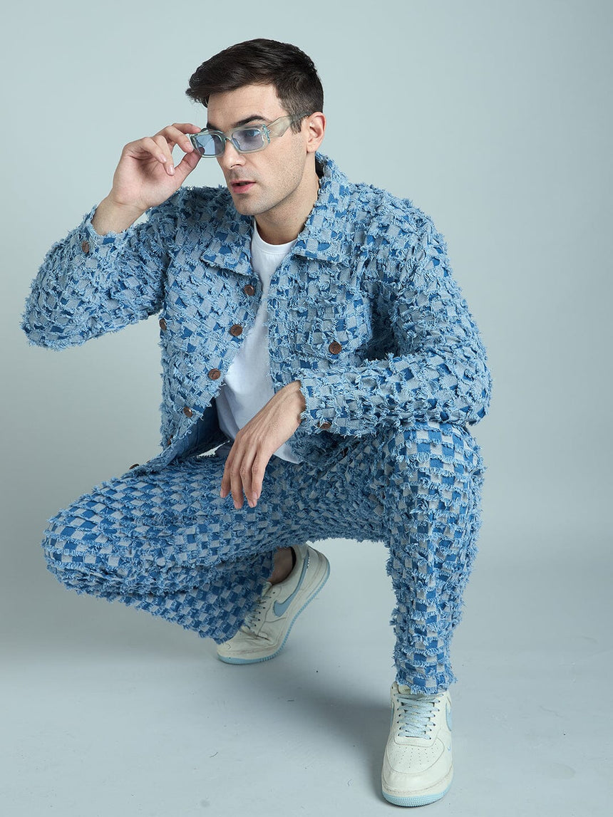 Blue Frayed Jacquard Cropped Denim Jacket Jackets Fugazee