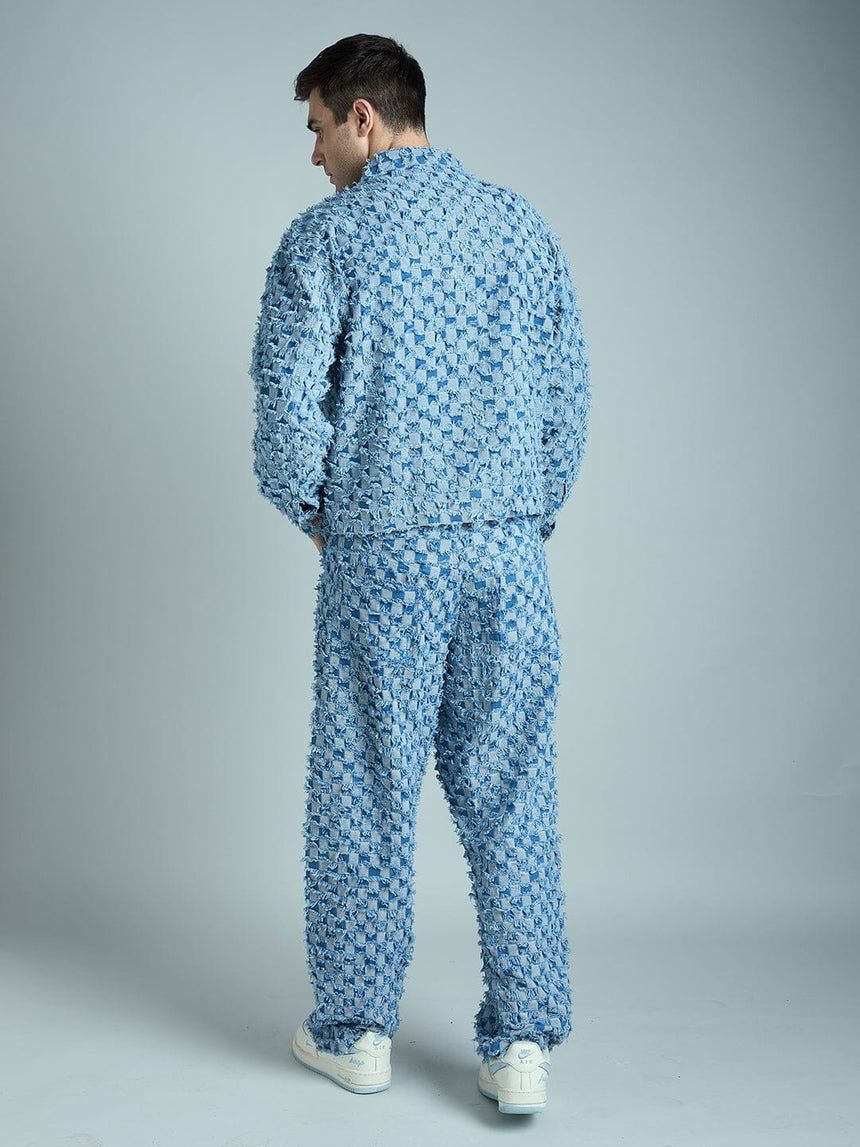 Blue Frayed Jacquard Cropped Denim Jacket & Jeans Clothing Set Clothing Set Fugazee