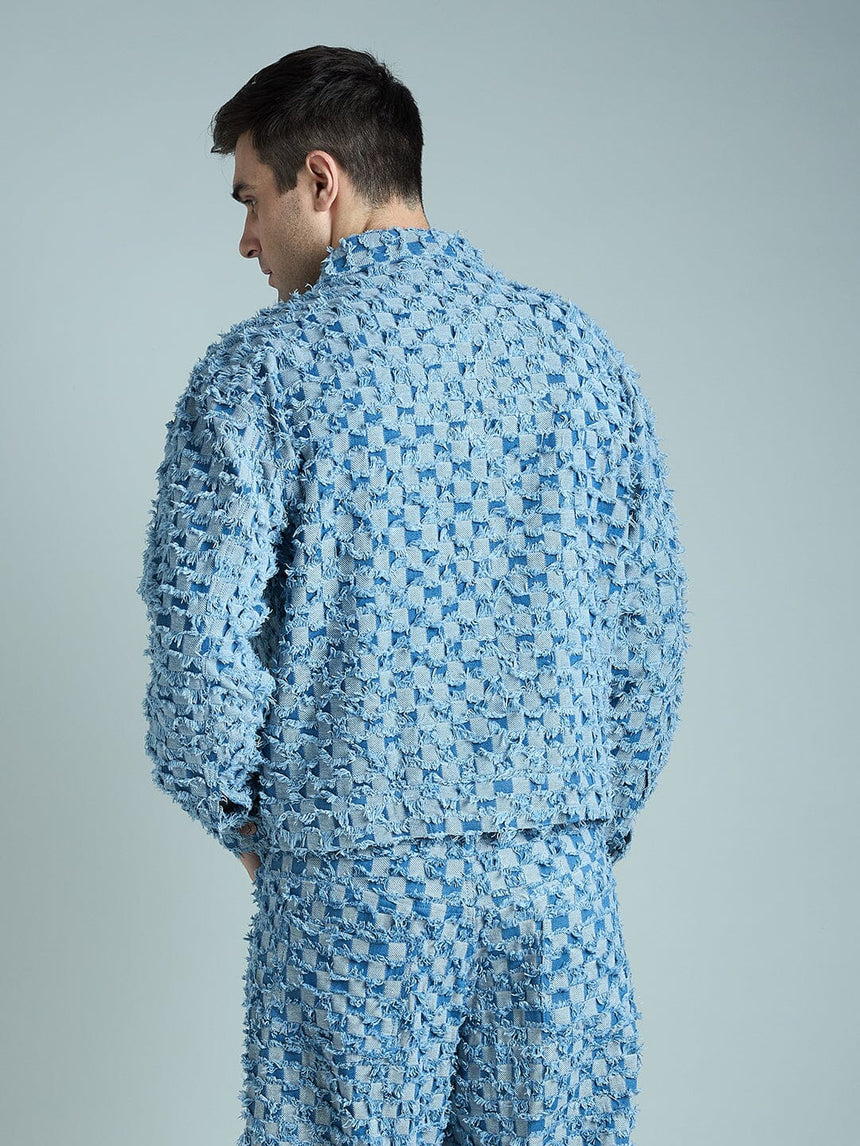 Blue Frayed Jacquard Cropped Denim Jacket Jackets Fugazee