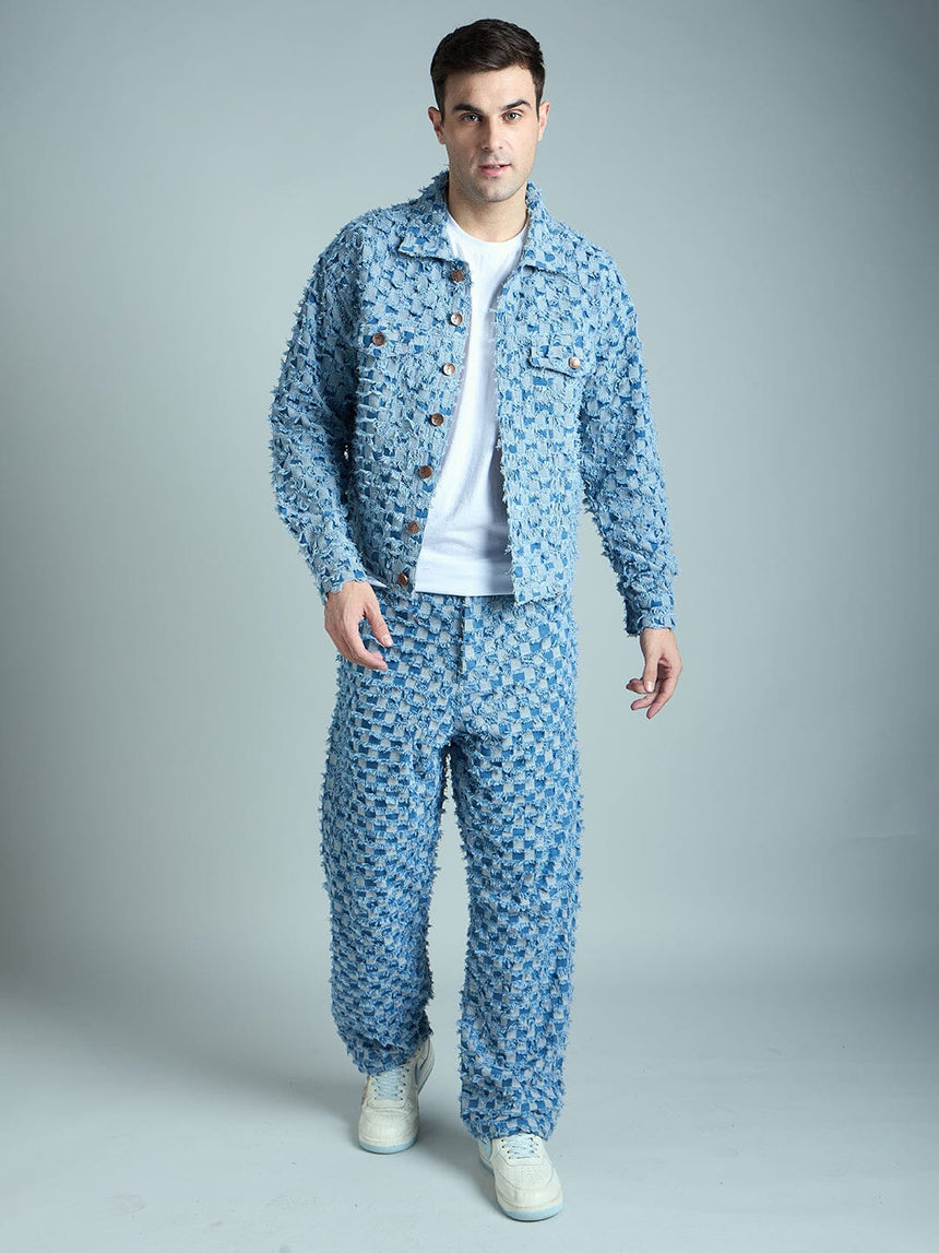 Blue Frayed Jacquard Cropped Denim Jacket & Jeans Clothing Set Clothing Set Fugazee