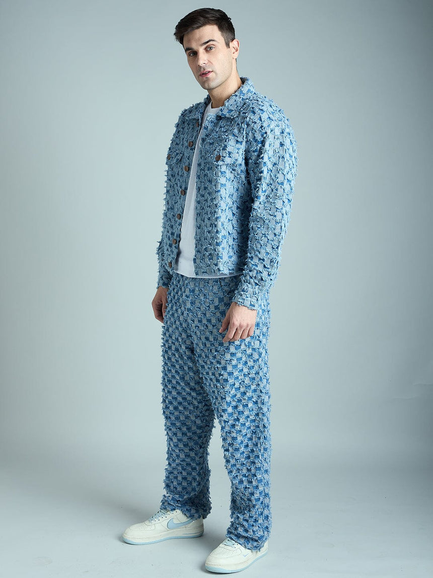 Blue Frayed Jacquard Cropped Denim Jacket & Jeans Clothing Set Clothing set Fugazee