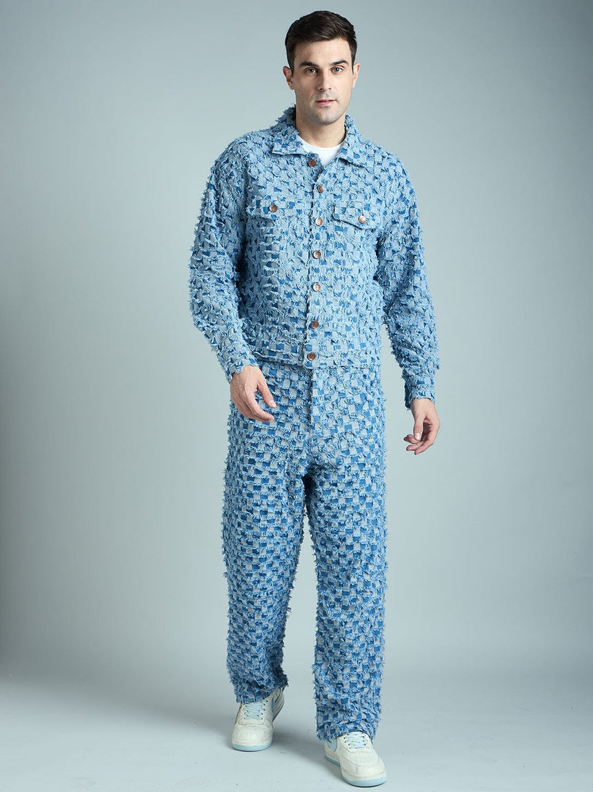 Blue Frayed Jacquard Cropped Denim Jacket & Jeans Clothing Set Clothing set Fugazee