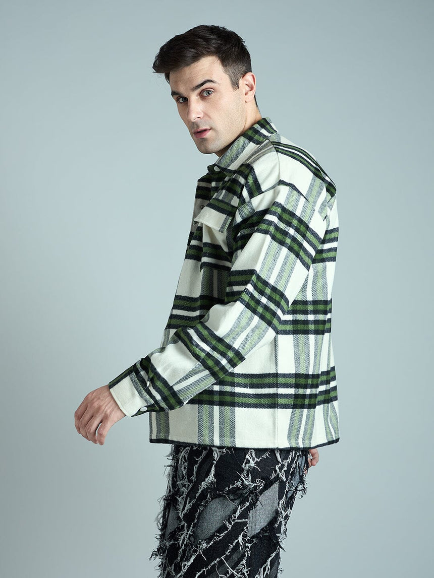 Off White & Olive Checkered Tweed OverShirt Shackets Fugazee